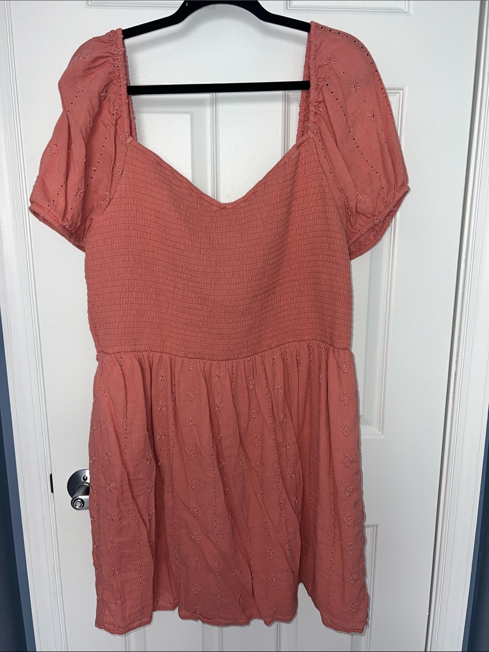 Smocked Embroidered Coral Square-Neck Mini Dress
